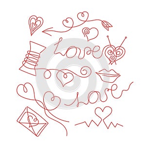 Valentine's Day. Drawings Heart icons, lettering, single line threads. .